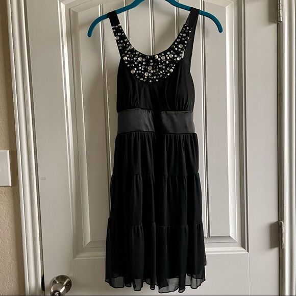 Love Reign Black Jewel Beaded Neckline Black Tie Holiday Party Midi Dress SZ S - Picture 2 of 9